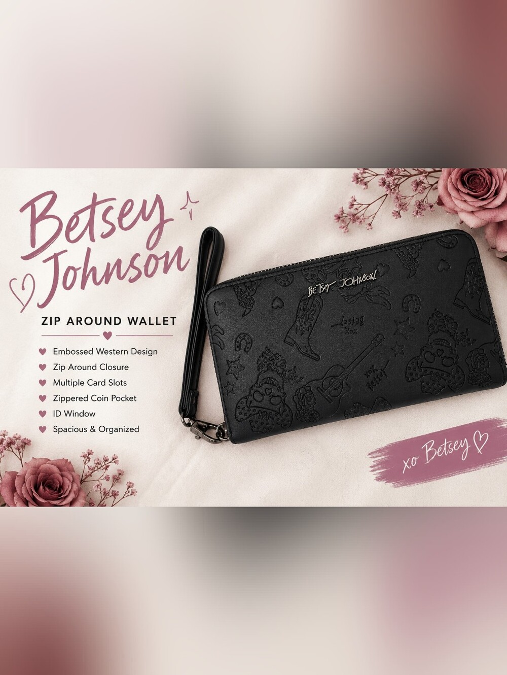 Betsey Johnson Black Western Embossed Zip Around Wallet Wristlet